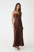 Lindsay Bias Satin Skirt in fudge brown, front view, worn with matching satin cami