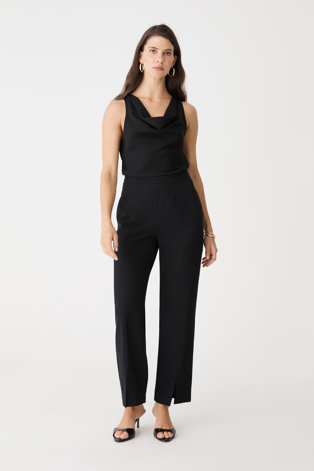 Misha Cowl Neck Top in black, front view worn with black wide-leg trousers