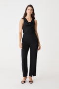 Misha Cowl Neck Top in black, front view worn with black wide-leg trousers