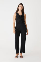 Misha Cowl Neck Top in black, front view worn with black wide-leg trousers