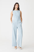 Melanie Tailored Top in sky blue, front view worn with matching straight leg pants