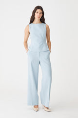 Melanie Tailored Top in sky blue, front view worn with matching straight leg pants