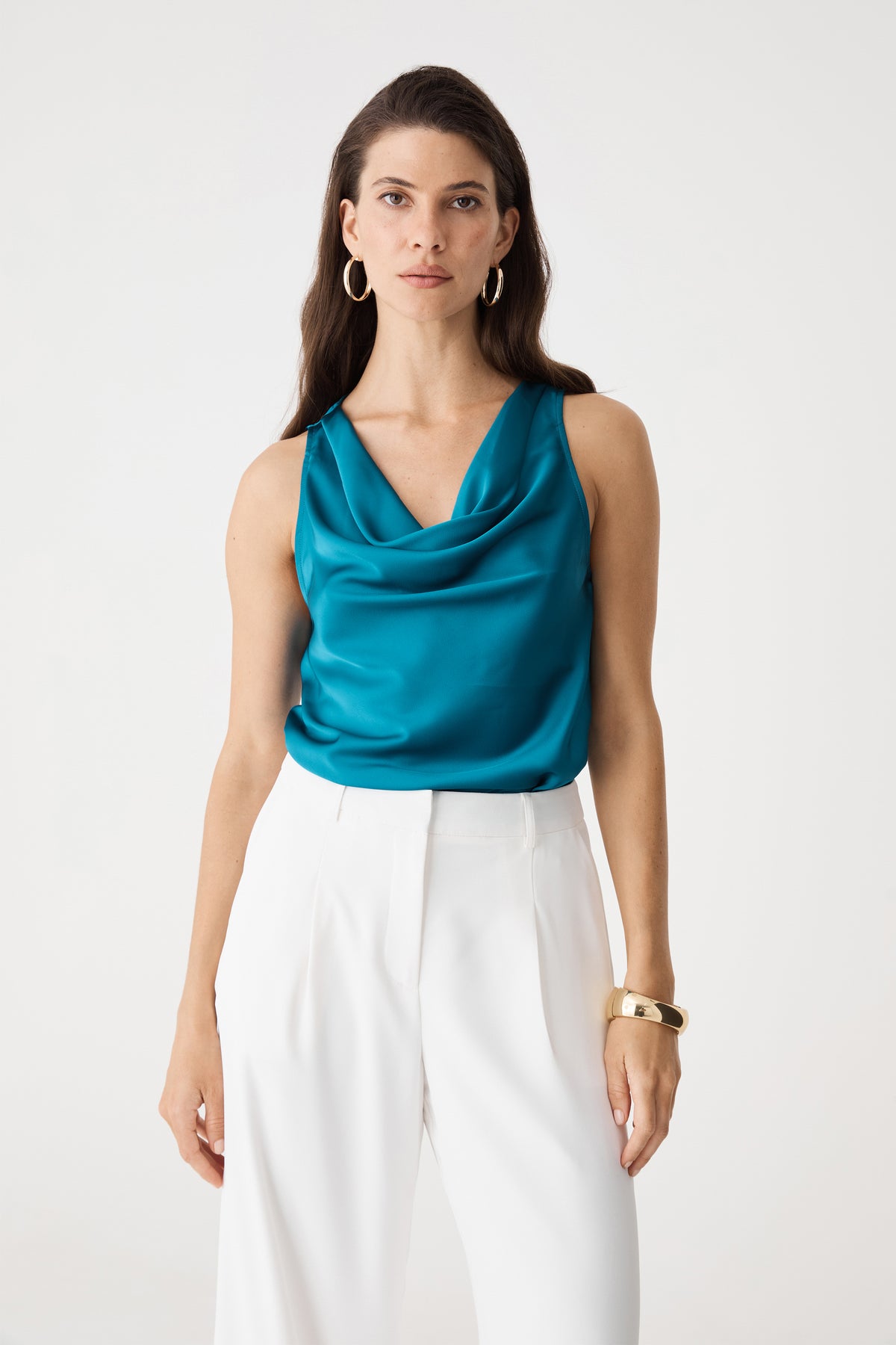 Aurelia Satin Cowl Neck Top in aquamarine, front view close-up of draped cowl neckline and sleeveless shoulders