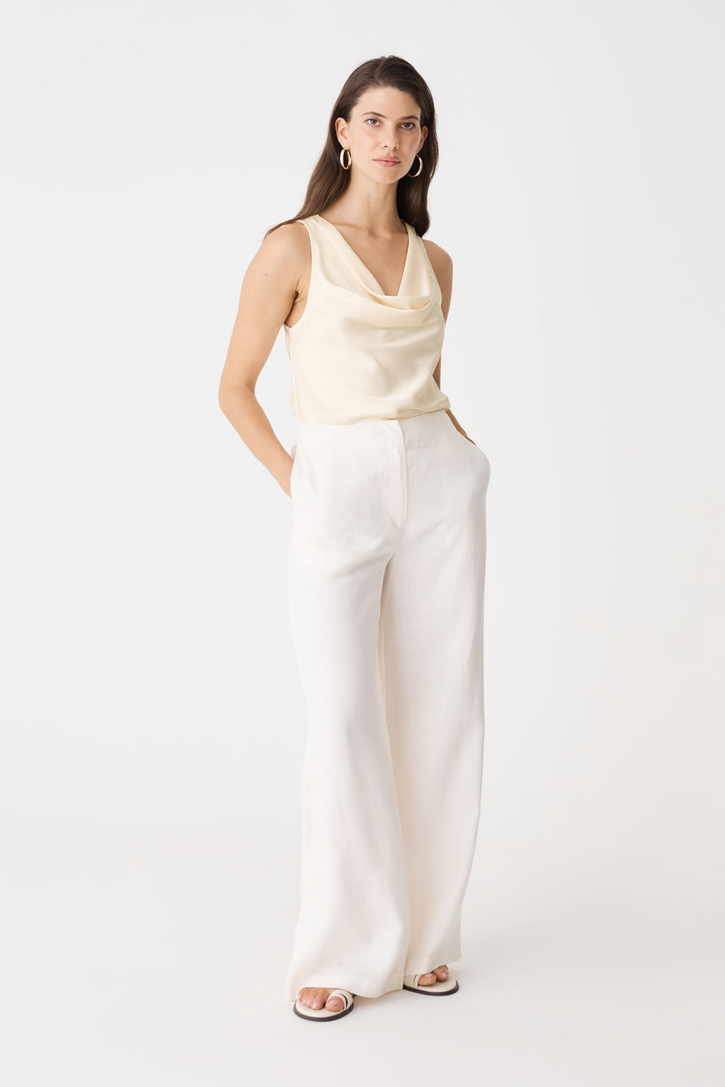 Aurelia Satin Cowl Neck Top in ivory, front view, worn with white wide-leg trousers