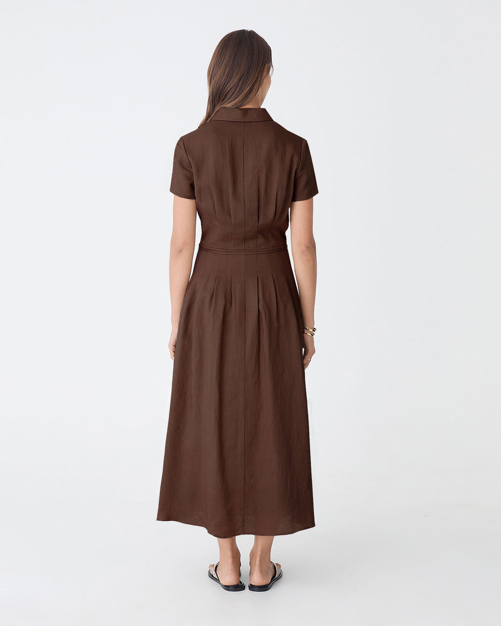 Sophie Pleat Waist Linen Dress in chocolate — back view