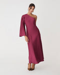 Cleo One Shoulder Satin Dress in grenache — full-length view