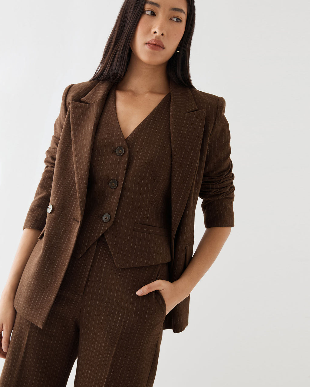 Zara Double Breasted Blazer in chocolate pinstripe — close-up view 5