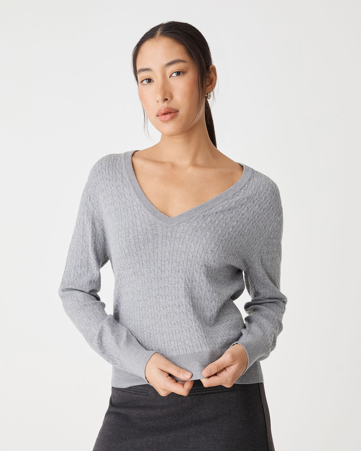 Carla V-Neck Cable Knit in grey marle — close-up view