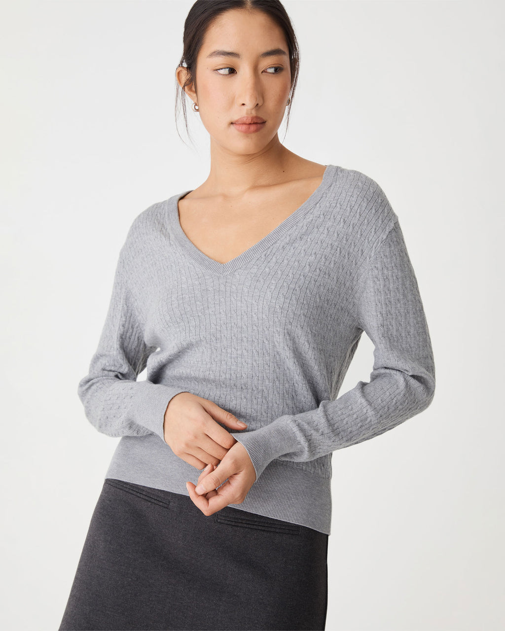 Carla V-Neck Cable Knit in grey marle — close-up view 2