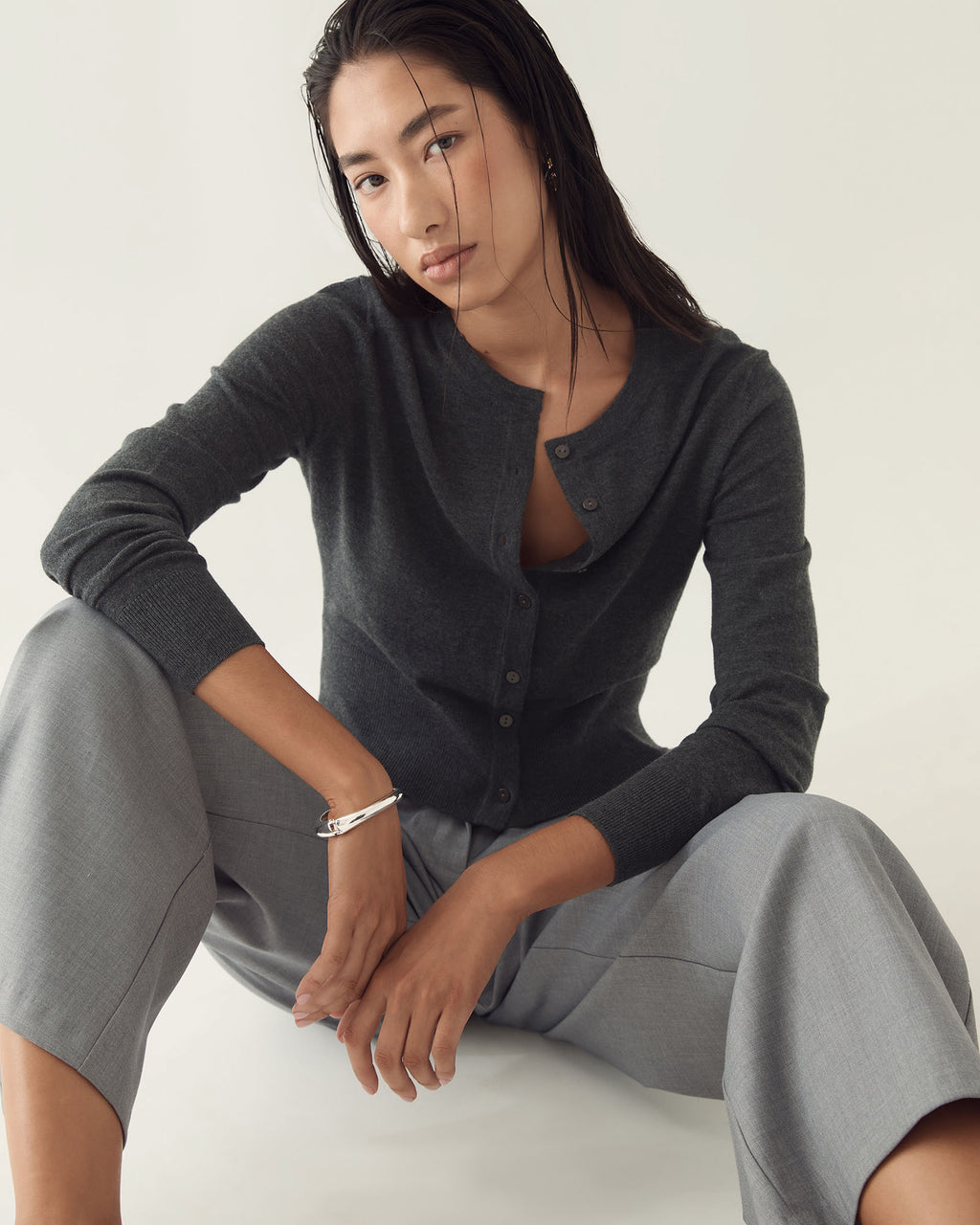 Cassie Crew Neck Cardigan in charcoal marle — close-up view