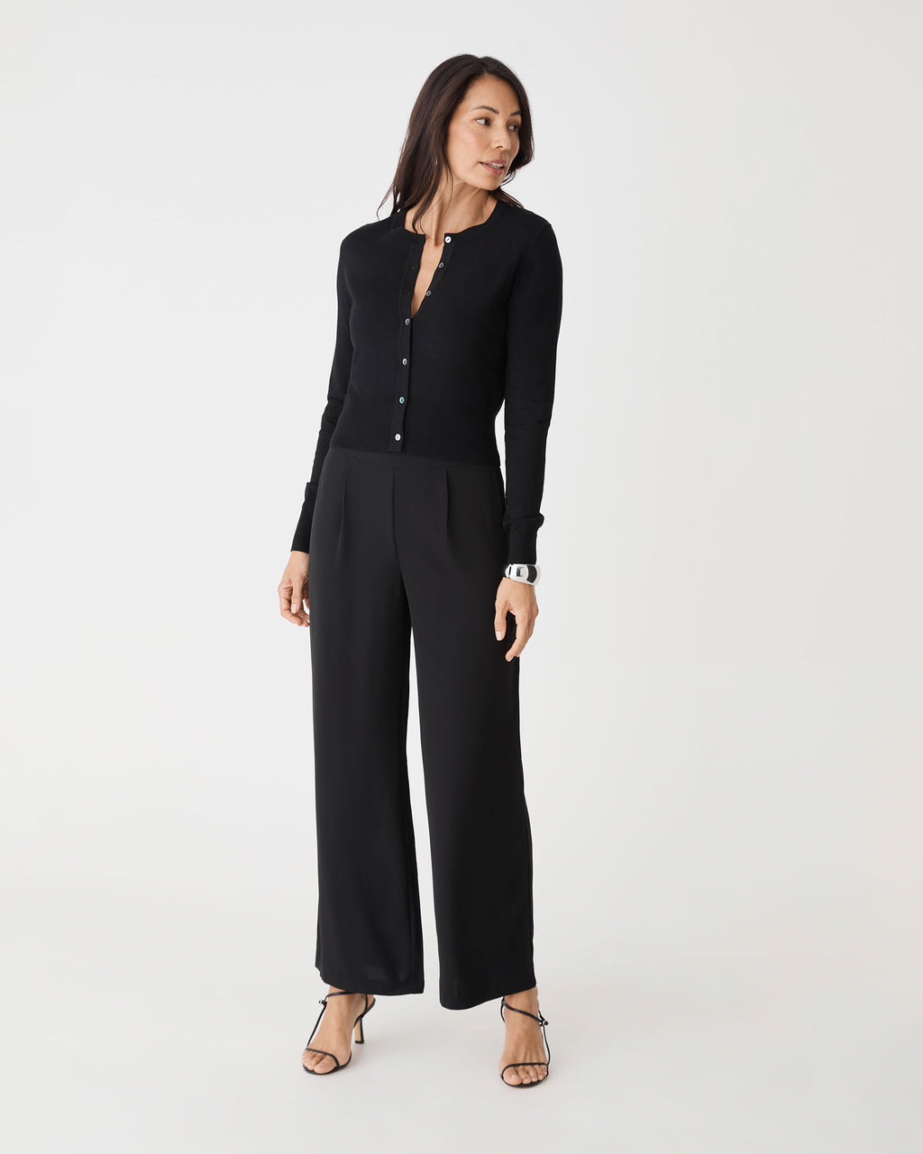 Jessie Crew Neck Cardigan in black — full-length view 2
