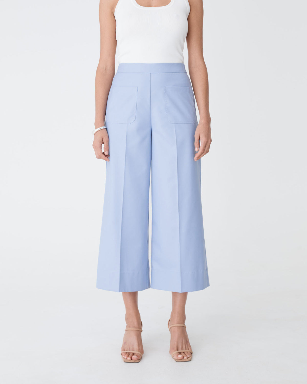Eden Patch Pocket Culottes in light blue — close-up view