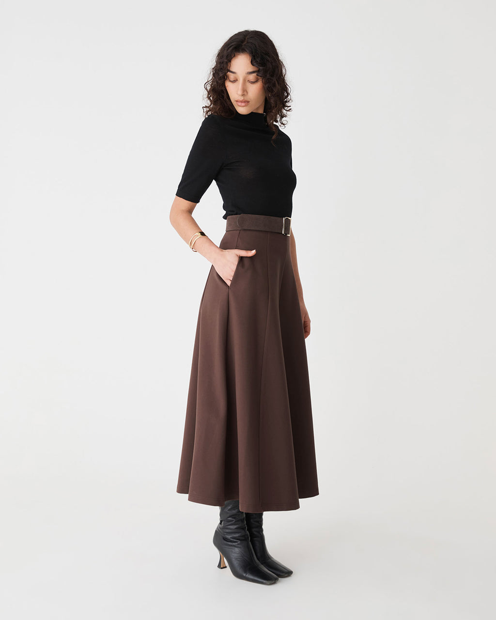 Janice A-Line Ponte Skirt in chocolate — side view