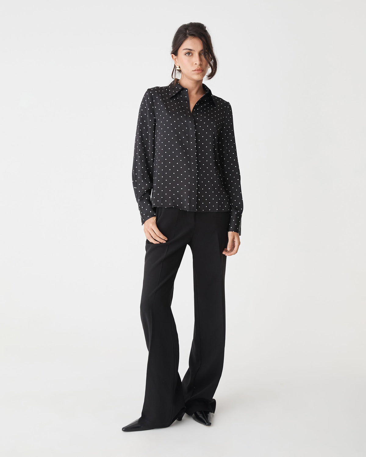Courtney Satin Spot Shirt in black white dot — full-length view