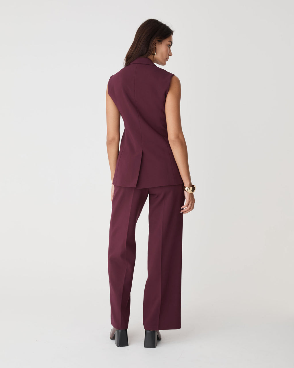 Nikki Long Collared Vest in bordeaux — back view