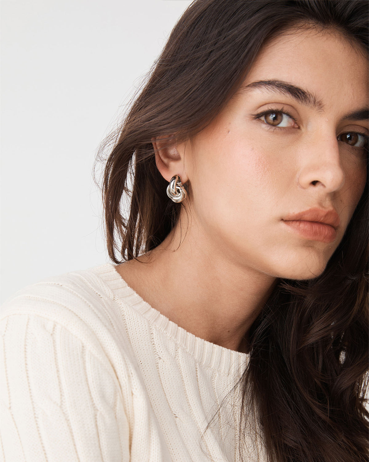 Valentina Knot Earrings in silver — fabric detail