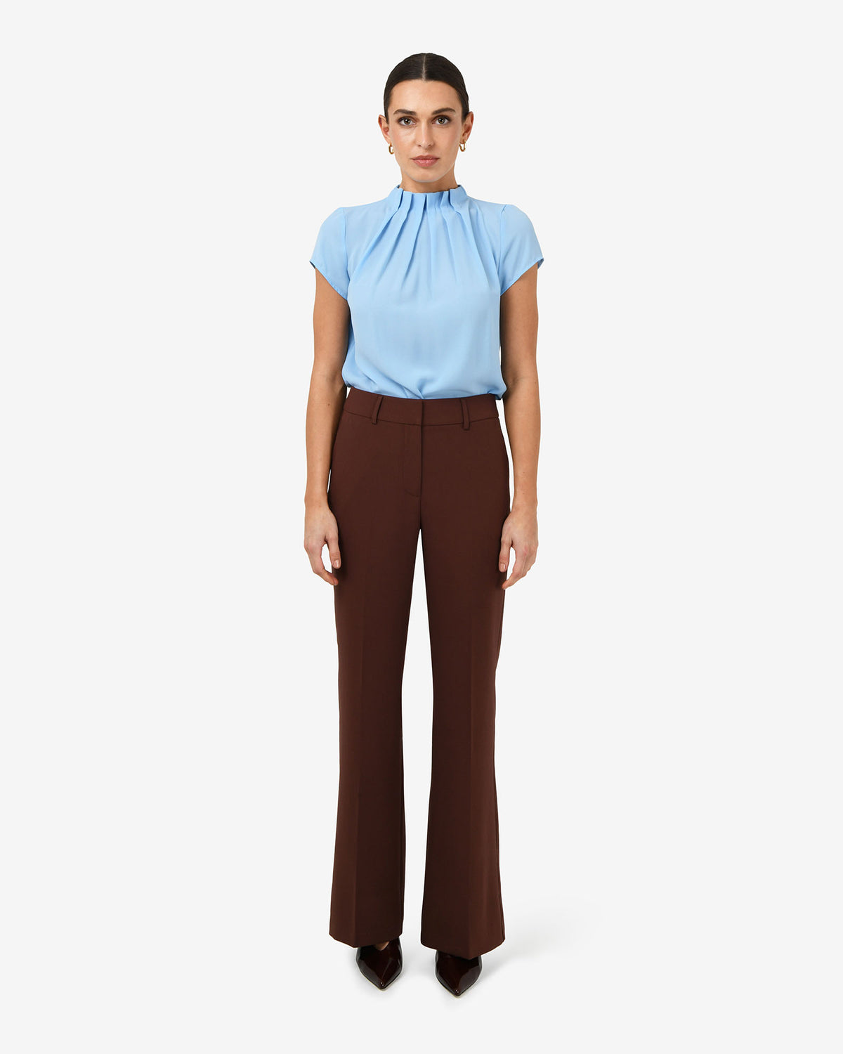 Olivia Pleated High Neck Top in baby blue — full-length view